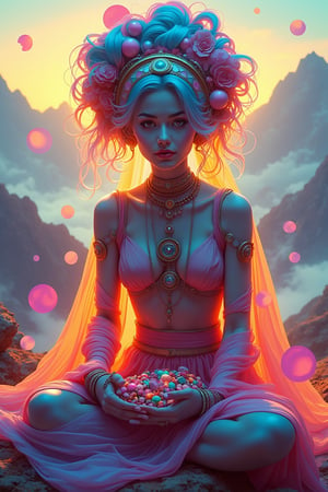 A mystical woman dances amidst a kaleidoscope of colors and soft luminescence from the clear loom, mist-shrouded peaks fading into the background. Her introspective gaze cradles precious stones on her lap, warm natural light casting gentle shadows. The voluminous headset adds an unexpected touch to this whimsical art deco-inspired scene: overlapping circles and splashes of color swirl together in a mesmerizing liquid portrait, as if the colors themselves are dancing around her.