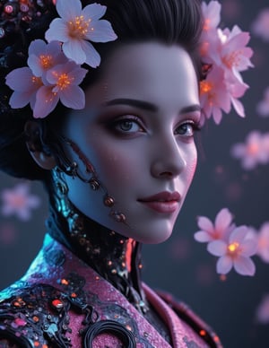 A haunting, ethereal portrait of a cybernetic geisha, her face a mesmerizing blend of porcelain skin and iridescent circuitry. Her elaborate headdress is adorned with bioluminescent flowers and delicate, glowing wires that pulse with an otherworldly energy. Her kimono, a masterpiece of futuristic design, shimmers with holographic patterns that shift and change, revealing glimpses of the complex machinery beneath. Her eyes, a striking mix of human emotion and artificial intelligence, gaze directly at the viewer with an enigmatic expression. The background is a surreal fusion of traditional Japanese architecture and a neon-lit cyberpunk cityscape, with cherry blossom petals floating through the air, leaving trails of digital particles. The scene is bathed in a soft, dreamy light that emphasizes the contrast between organic beauty and technological enhancement. Hyperrealistic details blend seamlessly with abstract, glitchy elements, creating a captivating juxtaposition of past and future, nature and technology. The image evokes a sense of beauty, mystery, and the uncanny valley, challenging the boundaries between human and machine,Real-Faceji,Cyber-Samuraji