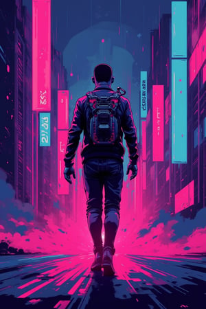 Create a vector art  of a futuristic cyberpunk robot character walking in a neon-lit urban city street at night. The robot should have a sleek,humanoid design,heavily armored with advanced technology components. It should feature intricate mechanical details,wires,and panels on its body. The environment should feel gritty and atmospheric,with mist,rain droplets,and sparks flying around to give a sense of movement and tension. The image should be dramatic emphasizing the cyberpunk aesthetic,Flat-Popji,