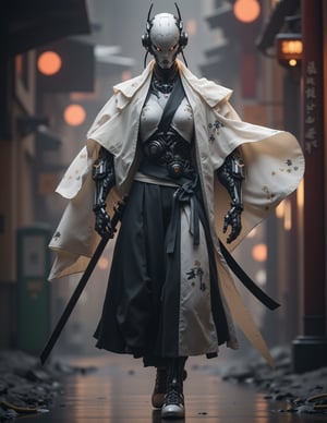 surreal fantasy scifi theme, female metal robot  with a linnen robe walking a time dilated path, reminiscent of  Blade Runner and Deus Ex and Star Wars, she holds a futuristic blade in her hands. she wears a kimono, epic, dreamlike, max details, dynamic, great lighting, perfect shading, atmospheric, best quality, sharp focus, high contrast, stylized, clear, surreal, ultra quality, 8k, best quality, masterpiece, Cyber-Samuraji