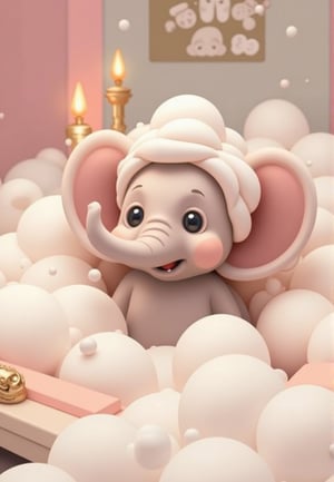 A small, adorable elephamt in a cozy bathtub filled with lots of foam and bubbles. The elephant is splashing around, surrounded by fluffy white bubbles, some floam is  stacked on top of its head. The eleohants trunk is reaching out as if playing with the bubbles, with a joyful and curious expression on its face. The bathroom setting is soft, with pastel and gold colors and gentle lighting to emphasize the cozy and cute atmosphere, candles in the background underline the cozy atmosphere, highly detailed, masterpiece, award winning,