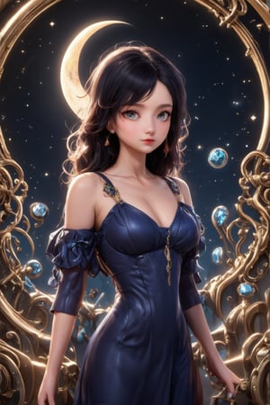 A majestic anime woman stands against a mesmerizing backdrop of gilded steampunk scenery, set against the darkness of space where constellations sparkle like diamonds. The gold crescent moon glows softly above her, as if anointed by divine light. Her delicate eyes, rendered with precision, gaze upward in awe. The intricate details of her face and anatomy are breathtakingly precise, a testament to modern AI artistry. A stunning 12-piece Zodiac wheel adorns the black background, intertwined with doodle-like zentangle patterns, evoking the ornate maximalism of Alphonse Mucha's style. Dramatic lighting accentuates every curve and contour, as if illuminated by an inner radiance.