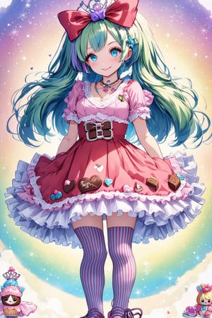 One girl, Vtuber anime character design, Love Peace Ice Cream!, an overly maximalist Vtuber character dressed in a super decorative pink Lolita fashion. Her anime-style face is incredibly cute, featuring sparkling eyes in gradient pastel colors. Her multi-layered hair flows down in a flurry of pastel green, purple, and blue, and is adorned with an excess of ribbons, flowers, and sparkly accessories. She wears a frilly cupcake-shaped dress in different shades of red, covered in lace, ribbons, and frills. The dress is further decorated with chocolate motifs, stuffed toys, and miniature mascot characters. Multiple petticoats peek out from underneath, each a different shade of pink. She wears striped stockings and platform shoes with heart-shaped buckles. A plethora of bracelets, rings, necklaces, tiaras, and more adorn her. The background is a dizzying collage of vivid colors.,flat style,txznf,Deformed,dal-6 style