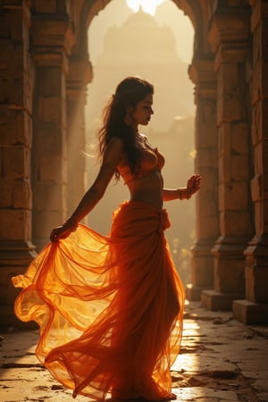 A sultry Indian woman stands amidst ancient temple ruins, bathed in soft golden light that illuminates her radiant skin. She dances, midriff exposed, fluid movements evoking the beauty of a blooming lotus. Warm rays dance across weathered stone walls as she sways to gentle chanting and rustling leaves. Her eyes aglow with devotion, surrounded by serenity and spiritual harmony. The transparent cloth clings to her curves as she moves, shimmering in the golden light. The temple's ancient stones provide a majestic backdrop for her ethereal dance.