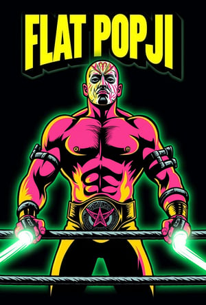 vector art of a Cyber-enhanced Lucha Libre wrestler with a mask of shifting LED patterns and arm-mounted gravity manipulators. He's locked in battle with his own shadow, which glows negative in electric yellow. The ring ropes are laser beams in neon green. 'Flat-Popji' hangs above in 3D championship belt text.,  Flat-Popji