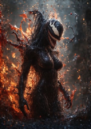 Captured in an 8K resolution, this full-body potrait photo depicts (a demon queen) standing proudly dark background , adorned with a burst of tangy black goo cascades that entwine her limbs with viscous allure. The neo-expressionist masterpiece , bathed in a warm glow . red and orange syrups embrace her form, as if attempting to contain the fiery passion emanating from within.,Venom