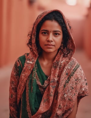 young beautiful indian woman, cultural portrait, emotive humane photography, rich colors, analog film, film grain, kodachrome, natural soft lighting, masterpiece, award winning photography, Real-Faceji