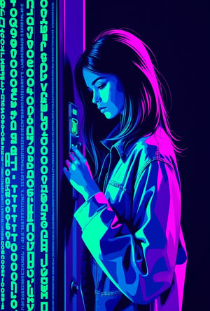 Neo-noir femme fatale hacker in a sleek silver catsuit, surrounded by cascading lines of neon green code. She's cracking a holographic safe that glows electric blue. Harsh shadows in deep purple contrast with her pale skin. 'Flat-Popji' is etched in 3D on the safe, slowly unlocking with each letter.Vector art , Flat-Popji