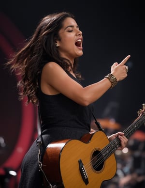 indian woman 25yo, Brunette head, pointing, screams, with a guitar on a stage, ral-dissolve, ultra high resolution, photorealistic, 8k, ultra high detail, 