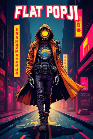 Create a vector art  style poster with a bold 3d  tittle "FLAT POPJI" featuring a futuristic cyberpunk robot character walking in a neon-lit urban city street at night. The robot should have a sleek, humanoid design, heavily armored with advanced technology components. It should feature intricate mechanical details, wires, and panels on its body. The robot's color scheme should include black, yellow, and orange with illuminated parts and digital markings. It should wear a flowing, tattered cape or jacket that matches its color scheme, adding a dynamic sense of motion. The robot's head should have a helmet-like design with glowing eyes, sensors, and antennas, giving it an intelligent and powerful appearance. The chest should have visible mechanical parts with digital displays, and some wires or tubes should extend from its back, connecting to its body. Its hands should have detailed robotic fingers with small lights and metallic textures. The background should depict a densely packed futuristic city street, filled with neon signs in various languages, mostly Chinese characters, and illuminated advertisements. The environment should feel gritty and atmospheric, with mist, rain droplets, and sparks flying around to give a sense of movement and tension. show the tittle "FLATPOPJI" in 3d letters over the image. The lighting should be dramatic, with a mix of warm and cool tones from the neon lights reflecting off the robot's metallic surfaces, emphasizing the cyberpunk aesthetic,Flat-Popji,