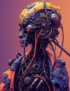 This is a detailed and intricate artwork of a humanoid figure that appears to be a fusion of organic and mechanical elements. The figure's head is adorned with gears tubes and other mechanical components while its skin has a weathered and aged appearance. The overall tone of the artwork is dark and moody, side view from the right ,vibrant colors, Flat-Popji,Cyber-Samuraji