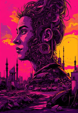 A haunting double exposure vector art of a person's profile superimposed upon the ruins of a post-apocalyptic cityscape at sunset withthe title "Flat Popji" written in bold text at bottom center. The city's crumbling spires and twisted metal debris blend seamlessly into the contours of the face, its vibrant colors bleeding into the soft features. Ink-like lines define the subject's silhouette as it rises from the cracked earth, while acrylic textures evoke a sense of worn, aged paper. In the background, a mystical, luminous haze glows with an otherworldly intensity, as if the very fabric of reality is torn asunder to reveal the dreamlike city beneath, Flat-Popji