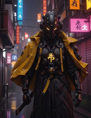 Create an image of a futuristic cyberpunk robot character walking in a neon-lit urban city street at night. The robot should have a sleek, humanoid design, heavily armored with advanced technology components. It should feature intricate mechanical details, wires, and panels on its body. The robot's color scheme should include black, yellow, and orange with illuminated parts and digital markings. It should wear a flowing, tattered cape or jacket that matches its color scheme, adding a dynamic sense of motion.

The robot's head should have a helmet-like design with glowing eyes, sensors, and antennas, giving it an intelligent and powerful appearance. The chest should have visible mechanical parts with digital displays, and some wires or tubes should extend from its back, connecting to its body. Its hands should have detailed robotic fingers with small lights and metallic textures.

The background should depict a densely packed futuristic city street, filled with neon signs in various languages, mostly Chinese characters, and illuminated advertisements. The environment should feel gritty and atmospheric, with mist, rain droplets, and sparks flying around to give a sense of movement and tension. The lighting should be dramatic, with a mix of warm and cool tones from the neon lights reflecting off the robot's metallic surfaces, emphasizing the cyberpunk aesthetic,Cyber_Samuraji