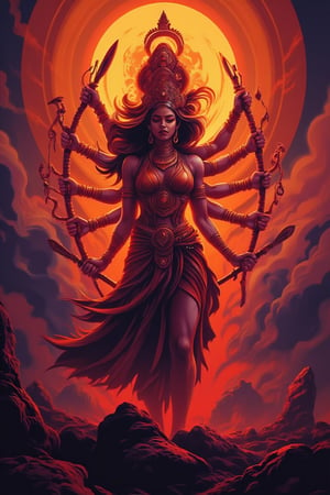 Kali's Fury: In a desolate, post-apocalyptic landscape, the multi-armed goddess Kali stands victorious, her vibrant orange and red hues illuminated by volumetric lighting that casts an otherworldly glow. Atmospheric fog swirls around her, as if the very air itself is infused with her power. With each arm wielding a sword or staff, she dominates the frame, her detailed features rendered in 4K vector art. Cinematic lighting and composition create an epic film-quality image, immersing the viewer in a dystopian atmosphere of destruction and rebirth.,FluxBoost,Midjourney_Whisper