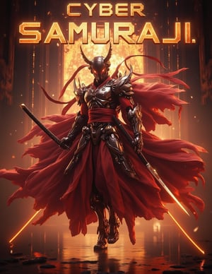 Poster with tittle "CYBER SAMURAJI" in Bold 3d letters on top featuring Vibrant, cinematic kung fu scene, majestic cyber samuraji suspended in mid-air, powerful pose, radiant, intricate, hyper-realistic 8K resolution, masterfully crafted with extremely sharp details, elaborate textures, award-winning realism, dramatic lighting, intense atmosphere, evoking wonder  and awe.,Cyber_Samuraji