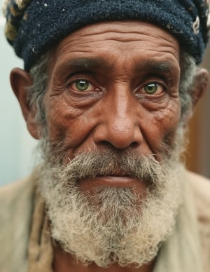  indian old man with striking green eyes, cultural portrait, emotive humane photography, rich colors, analog film, film grain, kodachrome, natural soft lighting, masterpiece, award winning photography, Real-Faceji