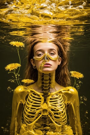 A young girl lies submerged in a shallow, yellowish fluid, her transparent glass skin glistening in soft backlighting. Vibrant flowers form the skeleton and organs beneath, their petals unfolding like intricate mechanical joints. A breathing mask covers her nose, while gentle ripples disturb the fluid's surface. In the background, a minimalist futuristic environment provides a serene contrast to the girl's surreal, floral composition.