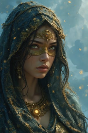 A photorealistic, digital-futuristic depiction of a cloaked female figure with glowing realistic skin and eyes that merge shades of gold and green. Her face, partially veiled by tattered cloth detailed with hieroglyphic patterns, reveals age-old stories. The worn fabric is textured, capturing light through cobweb strands. The abstract, icy-blue polygonal background shifts between depths, creating a frozen void that feels both ancient and futuristic. The interplay of her warm, golden hues against the cold, blue tones of the environment amplifies the mystical atmosphere, blending themes of time and technology.,Real-Faceji,Midjourney art v2 