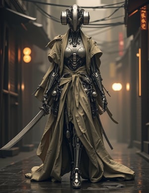 surreal fantasy scifi theme, female metal robot  with a linnen robe walking a time dilated path, reminiscent of  Blade Runner and Deus Ex and Star Wars, she holds a futuristic blade in her hands. she wears a kimono, epic, dreamlike, max details, dynamic, great lighting, perfect shading, atmospheric, best quality, sharp focus, high contrast, stylized, clear, surreal, ultra quality, 8k, best quality, masterpiece, Cyber-Samuraji