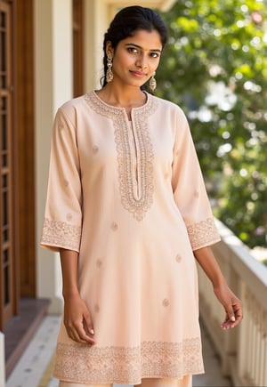 A 25-year-old Indian woman attending a family gathering, showcasing her cultural heritage in a beautifully embroidered kurti paired with matching palazzo pants. The kurti is adorned with intricate threadwork and has a knee-length cut, while the palazzos feature a subtle floral print. Her hair is styled in a sleek braid, and she wears traditional jhumka earrings. Real-Faceji