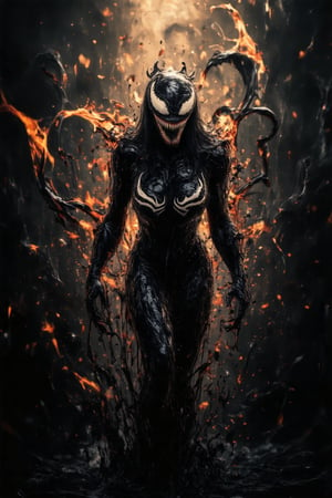 Captured in an 8K resolution, this full-body potrait photo depicts (a demon queen) standing proudly dark background , adorned with a burst of tangy black goo cascades that entwine her limbs with viscous allure. The neo-expressionist masterpiece , bathed in a warm glow . red and orange syrups embrace her form, as if attempting to contain the fiery passion emanating from within.,Venom