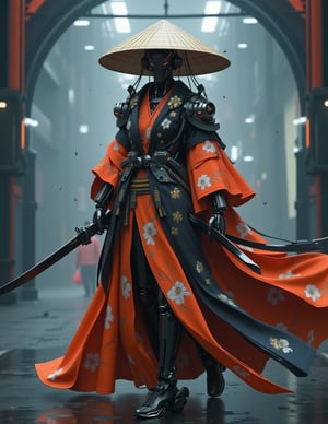 surreal fantasy scifi theme, female metal robot  with a multicolor robe walking a time dilated path, reminiscent of  Blade Runner and Deus Ex and Star Wars, she holds a futuristic blade in her hands. she wears a kimono, hat ,epic, dreamlike, max details, dynamic, great lighting, perfect shading, atmospheric, best quality, sharp focus, high contrast, stylized, clear, surreal, ultra quality, 8k, best quality, masterpiece, Cyber-Samuraji