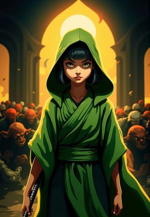 In a dramatic close-up, the valiant samurai stands defiant against an army of dark fantasy creatures. Her innocent yet determined face beams with courage as she readies her katana. Vibrant green robes illuminate, contrasting the ruins' earthen tones under strong top lighting. Volumetric shadows cast a chiaroscuro effect, reminiscent of Caravaggio's masterpieces. Cinematic light bloom and lens flare intensify the scene's gritty, volatile atmosphere. Grimdark fantasy creatures - orcs, ogres, trolls, earth golems, and goblins - converge on the heroine, motion blur capturing their frenzied advance in a hypermaximalist composition.