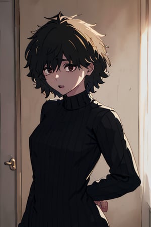 highly detailed, masterpiece, high quality, beautiful, 1girl and 1boy,Yuu (girl,1.7,UraPan, short hair, open mouth, bangs, black hair, thighhighs, long sleeves, ahoge, black thighhighs, sleeves past wrists, , turtleneck, messy hair, ribbed sweater, turtleneck sweater, hair cover eyes, black sweater), denji(male,open sweatshirt, white shirt, blonde hair, short hair, black pants),couple,cuddling