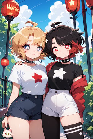 score_9, score_8_up, score_7_up, score_6_up, score_5_up, score_4_up, 2girls,NuggetMeowVT,short hair,dressed,sexy poses,outdoors,source_anime,BREAK, split-color hair,spiked chocker,star-shaped pupils,star \(symbol\) in the shirt,red eyes,smile,thighhgihs,Yuu