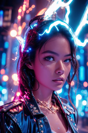 A young and fashionable Taiwanese woman is standing in a square in a metropolis. Behind the woman, a bolt of lightning struck straight towards the ground,close_up,cowboy_shot,Neon,Face,Glow,lightning,(lightning),(lightning background),thunder,lightning bolt