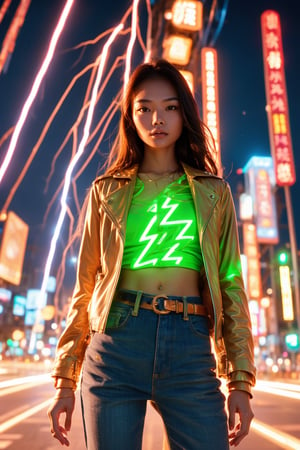 A young and fashionable Taiwanese woman is standing in a square in a metropolis. Behind the woman, a bolt of lightning struck straight towards the ground,close_up,cowboy_shot,Neon,Face,Glow,lightning,(lightning),(lightning background),thunder,lightning bolt