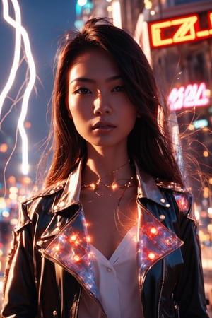 A young and fashionable Taiwanese woman is standing in a square in a metropolis. Behind the woman, a bolt of lightning struck straight towards the ground,close_up,cowboy_shot,Neon,Face,Glow,lightning,(lightning),(lightning background),thunder,lightning bolt