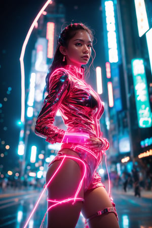 A young and fashionable Taiwanese woman is standing in a square in a metropolis. Behind the woman, a bolt of lightning struck straight towards the ground,close_up,cowboy_shot,Neon,Face,Glow,lightning,(lightning),(lightning background),thunder,lightning bolt