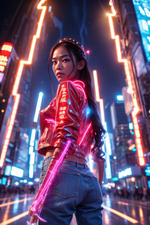 A young and fashionable Taiwanese woman is standing in a square in a metropolis. Behind the woman, a bolt of lightning struck straight towards the ground,close_up,cowboy_shot,Neon,Face,Glow,lightning,(lightning),(lightning background),thunder,lightning bolt