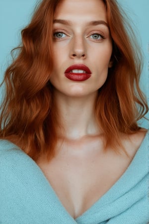 in a medium, eye-level shot, a fair-skinned woman with long, wavy red hair is captured against a light blue backdrop. she's adorned with a light blue scarf draped over her shoulders, adding a touch of elegance to her look. her gaze is directed towards the upper right corner of the frame, while her mouth is slightly ajar, revealing a hint of her lower lip. her eyes, a striking blue, are accentuated by a light brown hue on her cheeks and a darker brown on her lips. her hair, a vibrant shade of red, is styled in loose waves that cascade down her shoulders.