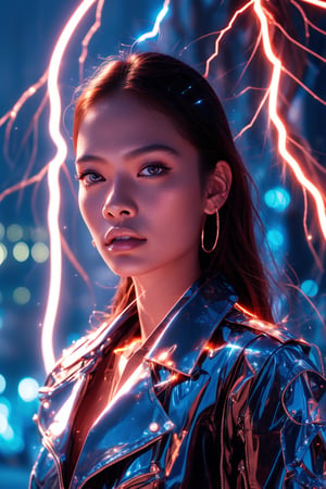 A young and fashionable Taiwanese woman is standing in a square in a metropolis. Behind the woman, a bolt of lightning struck straight towards the ground,close_up,cowboy_shot,Neon,Face,Glow,lightning,(lightning),(lightning background),thunder,lightning bolt