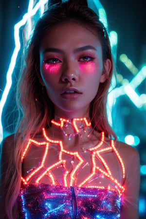 A young and fashionable Taiwanese woman is standing in a square in a metropolis. Behind the woman, a bolt of lightning struck straight towards the ground,close_up,cowboy_shot,Neon,Face,Glow,lightning,(lightning),(lightning background),thunder,lightning bolt