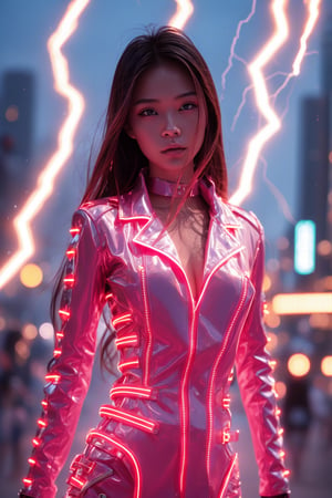 A young and fashionable Taiwanese woman is standing in a square in a metropolis. Behind the woman, a bolt of lightning struck straight towards the ground,close_up,cowboy_shot,Neon,Face,Glow,lightning,(lightning),(lightning background),thunder,lightning bolt