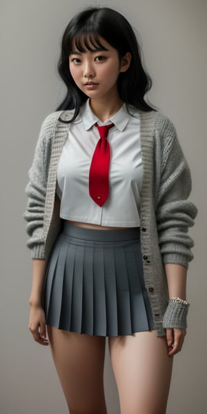 A photorealistic image of a 18-year-old asian girl with black hair featuring blunt bangs, dressed in a school uniform consisting of a gray skirt, red tie, and loose socks. She stands out against a neutral background, her knit cardigan draped casually over her shoulders. The soft lighting accentuates the texture of her hair and clothing, while the framing emphasizes her youthful elegance.