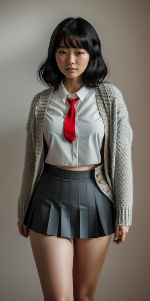 A photorealistic image of a 18-year-old asian girl with black hair featuring blunt bangs, dressed in a school uniform consisting of a gray skirt, red tie, and loose socks. She stands out against a neutral background, her knit cardigan draped casually over her shoulders. The soft lighting accentuates the texture of her hair and clothing, while the framing emphasizes her youthful elegance.