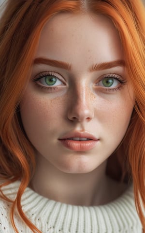 (best quality, 4k, 8k, highres, masterpiece:1.2), ultra-detailed, photorealistic, photography, 1girl, solo, long hair, looking at viewer, green eyes, orange hair, blurry, sweater, lips, eyelashes, blurry background, portrait, freckles, realistic, white sweater