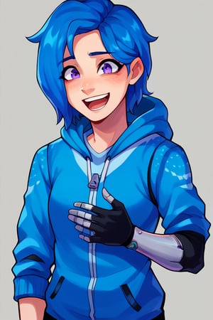 Anime, score_9, score_8_up, score_7_up,BREAK, 1girl, Tari, TAScorp Outfit, Blue Hoodie, Mechanical Arm, Blue Hair, Purple Eyes, happy