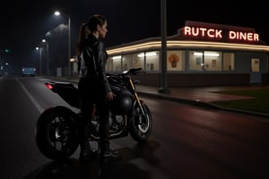 Jenna Ortega stands by her black motorcycle, holding her matte helmet under her arm. She wears a leather jacket with silver zippers, black fitted jeans, and combat boots. Her hair is tied back, and her body is angled slightly, with her back turned 45 degrees to the camera. She is facing the diner ahead of her, scanning the building intently. The street is dark and wet, illuminated by a flickering streetlamp and neon lights from the diner, which cast long shadows on the misty ground. j3nnaort3ga