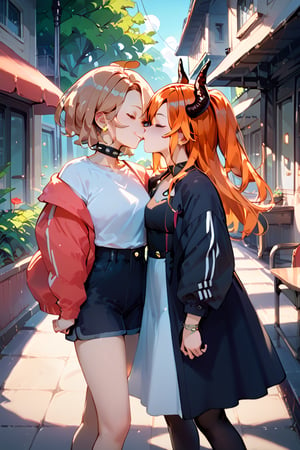 score_9, score_8_up, score_7_up, score_6_up, score_5_up, score_4_up,source_anime,BREAK, 2girls ,outdoors,NuggetMeowVT and ShadDGray,dressed,smile,kissing