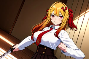 masterpiece, high quality, beautiful, 1girl, solo_female, 1 girl, skirt, uniform, yellow hair with orange highlights, orange eyes,long hair, breasts, looking at viewer, smile, bangs, skirt, blonde hair, shirt, hair ornament, red eyes, long sleeves, ribbon, closed mouth, hair ribbon, white shirt, heart, red hair, multicolored hair, necktie, collared shirt, virtual youtuber, red necktie, high-waist skirt, brown skirt ,brandishing a katana, determined, resolute, serious,battle pose,samurai battle pose,