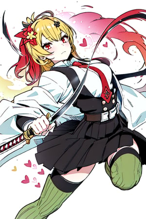 masterpiece, high quality, beautiful, 1girl, solo_female, 1 girl, skirt, uniform, yellow hair with orange highlights, orange eyes,long hair, breasts, looking at viewer, bangs, skirt, blonde hair, shirt, hair ornament, red eyes, long sleeves, ribbon, closed mouth, hair ribbon, white shirt, heart, red hair, multicolored hair, necktie, collared shirt, virtual youtuber, red necktie, high-waist skirt, brown skirt ,brandishing a katana, determined, resolute,battle pose,samurai battle pose,mad,tired,