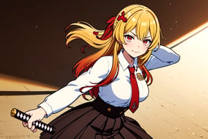 masterpiece, high quality, beautiful, 1girl, solo_female, 1 girl, skirt, uniform, yellow hair with orange highlights, orange eyes,long hair, breasts, looking at viewer, smile, bangs, skirt, blonde hair, shirt, hair ornament, red eyes, long sleeves, ribbon, closed mouth, hair ribbon, white shirt, heart, red hair, multicolored hair, necktie, collared shirt, virtual youtuber, red necktie, high-waist skirt, brown skirt ,brandishing a katana, determined, resolute, serious,battle pose,samurai battle pose,