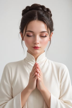 score_9, score_8_up, score_7_up,source_real, 1girl,Sweet,Kawaii,Looks at viewer, A Chinese ancient beauty is praying, with hands clasped together, eyes closed in silence, wearing a solemn yet beautiful expression, White Background,portrait