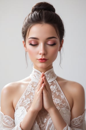 score_9, score_8_up, score_7_up,source_real, 1girl,Sweet,Kawaii,Looks at viewer, A Chinese ancient beauty is praying, with hands clasped together, eyes closed in silence, wearing a solemn yet beautiful expression, White Background,portrait