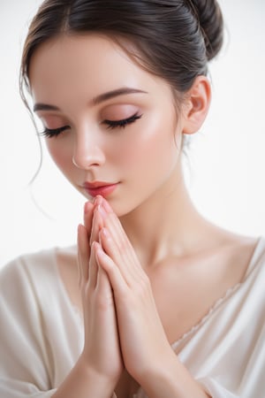 score_9, score_8_up, score_7_up,source_real, 1girl,Sweet,Kawaii,Looks at viewer, A Chinese ancient beauty is praying, with hands clasped together, eyes closed in silence, wearing a solemn yet beautiful expression, White Background,portrait